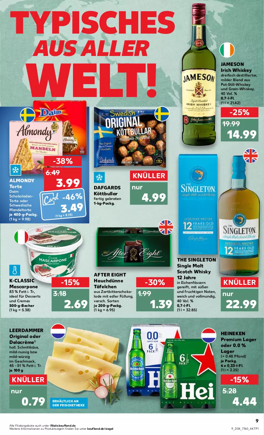 Aktueller Prospekt Kaufland - von 25.08 bis 31.08.2022 - strona 9 - produkty: after eight, angebot, angebote, Becher, braten, creme, daim, dessert, desserts, frucht, gin, heineken, irish whiskey, jameson, Käse, Köttbullar, leerdammer, mac, mandel, mascarpone, nuss, schnittkäse, schoko, schokolade, schokoladen, scotch, scotch whisky, single malt, Ti, torte, whiskey, whisky, Zartbitterschokolade