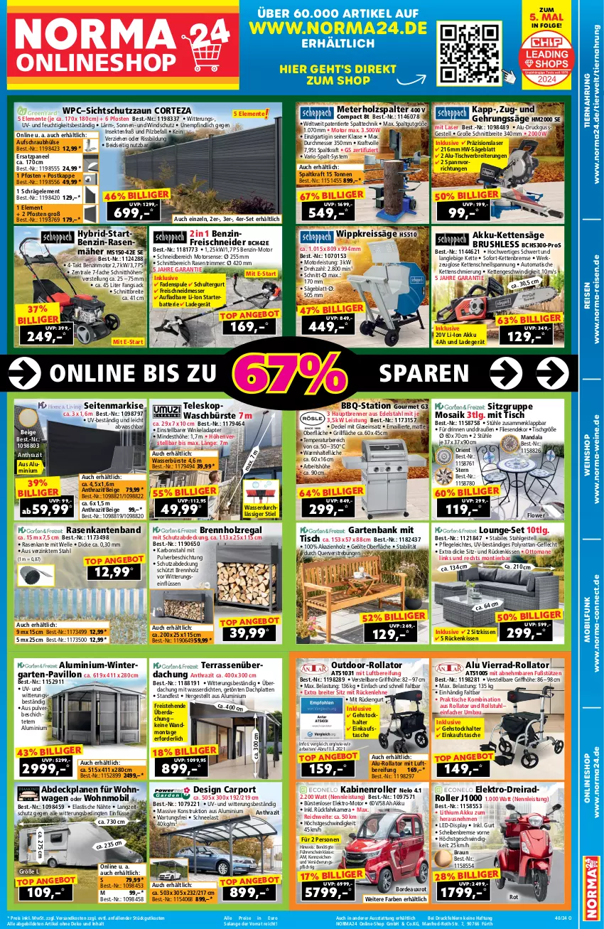 Aktueller Prospekt Norma - Norma - von 20.09 bis 06.10.2024 - strona 1 - produkty: adapter, akku, angebot, asti, auto, Bank, batterie, Bau, braun, Brei, Brennholz, bürste, bürsten, Carport, decke, Deckel, Dreirad, edelstahl, Einkaufstasche, eis, Elektro, elle, ente, Garten, gartenbank, Gehrungssäge, grill, grillfläche, Holz, Holzspalter, HP, kamera, Kette, kissen, kraft, ladegerät, latte, LG, lounge-set, messer, Motorsense, ndk, paneel, pavillon, rasen, rasenmäher, rasentrimmer, regal, reis, reiss, Roller, Rückenkissen, rückenlehne, rwe, sac, säge, schultergurt, Seitenmarkise, sekt, sitzkissen, stuhl, Stühl, Tasche, Teleskop, Terrassenüberdachung, Ti, tiernahrung, tisch, wasser, wein, weine, weinshop, werkzeug, Windschutz