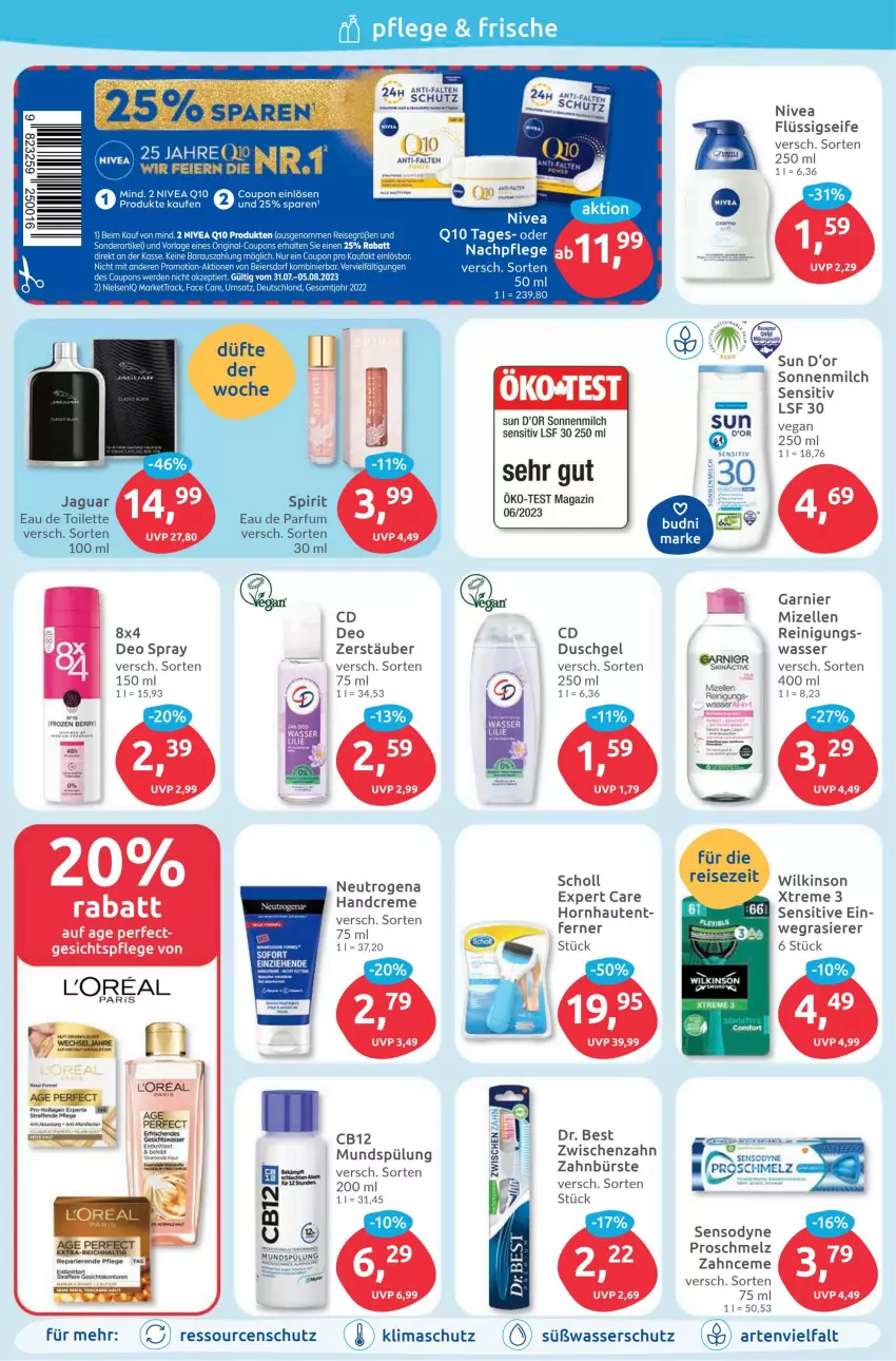 Aktueller Prospekt Budni - Prospekte - von 31.07 bis 05.08.2023 - strona 2 - produkty: coupon, coupons, creme, deo, deo spray, Dr. Best, duschgel, Eau de parfum, eau de toilette, eier, eis, elle, erde, flüssigseife, garnier, gin, handcreme, HP, Jaguar, magazin, milch, mizellen, neutrogena, nivea, parfum, Q10, Reinigung, reis, scholl, Seife, sensodyne, sonnenmilch, Ti, wasser, wilkinson