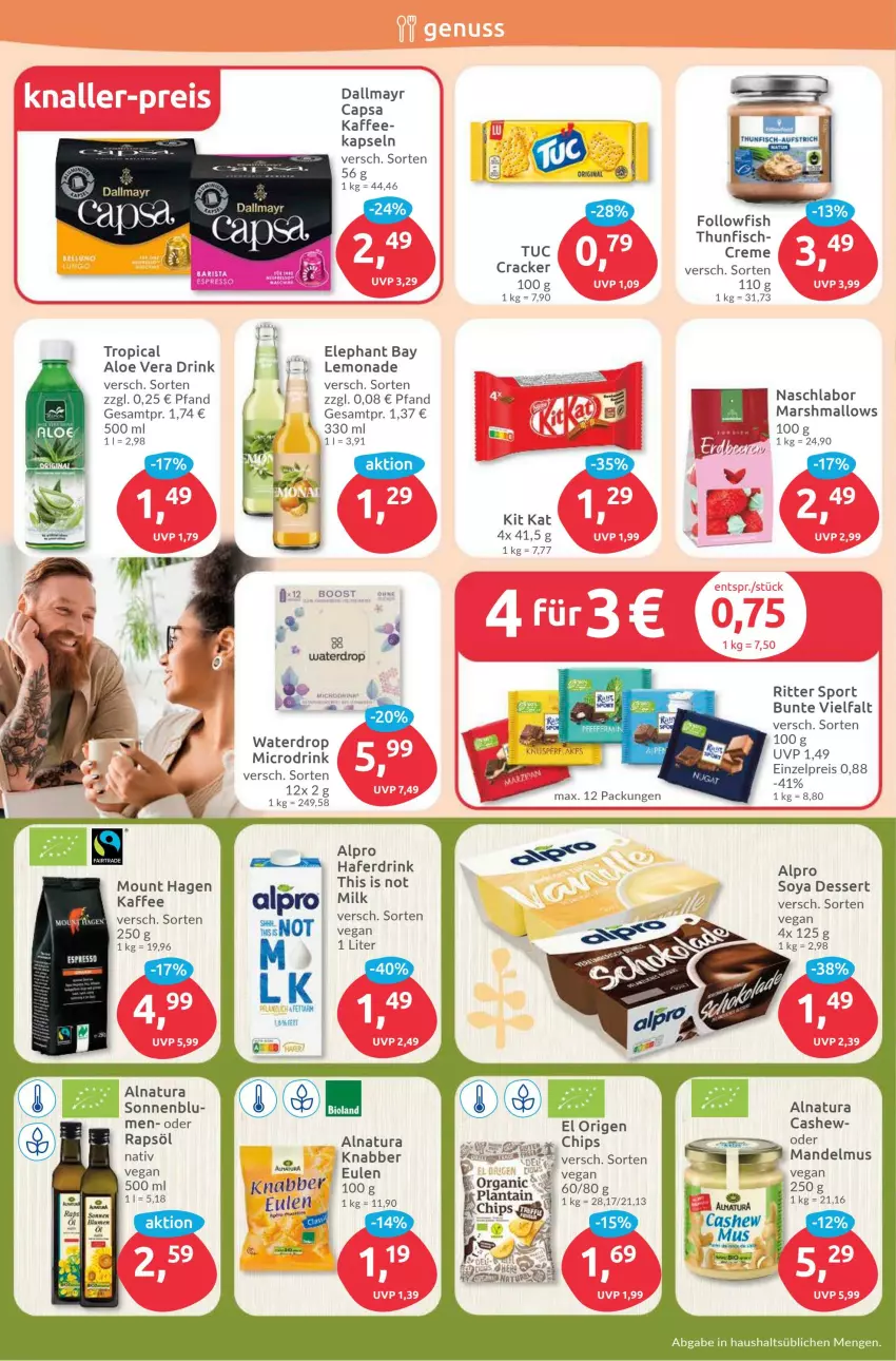 Aktueller Prospekt Budni - Prospekte - von 31.07 bis 05.08.2023 - strona 6 - produkty: aloe vera, alpro, Cap, Cashew, chips, cracker, creme, dallmayr, dessert, drink, eis, Elephant Bay, fisch, followfish, hafer, Haferdrink, kaffee, lemonade, mandel, Mandelmus, mars, natur, natura, rapsöl, reis, ritter, ritter sport, soya, Sport, thunfisch, Ti, tuc