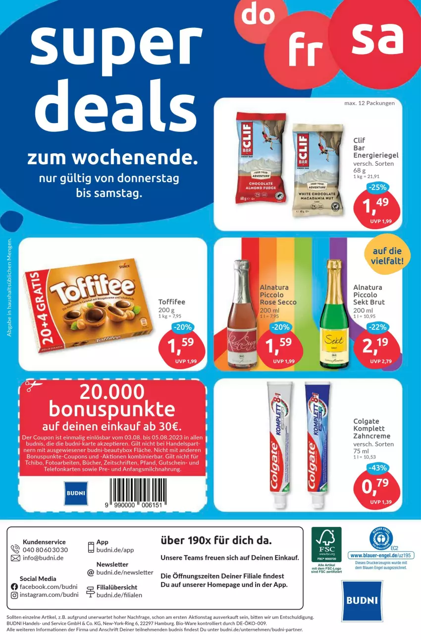 Aktueller Prospekt Budni - Prospekte - von 31.07 bis 05.08.2023 - strona 8 - produkty: auer, bio, brut, colgate, creme, drucker, ecco, Engel, kerze, LG, mac, macadamia, natur, natura, Omep, ring, sekt, Ti, toffifee, trolli, Yo, zahncreme