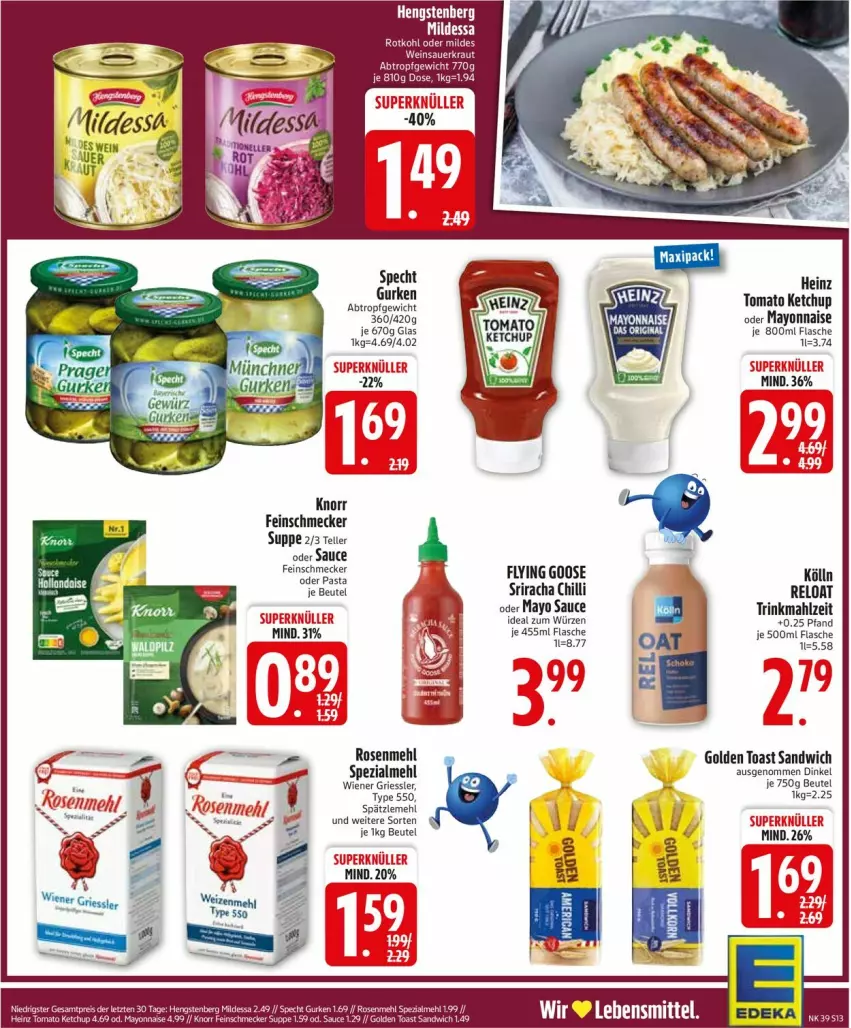 Aktueller Prospekt Edeka - Prospekte - von 22.09 bis 27.09.2025 - strona 15 - produkty: beutel, elle, feinschmecker, fisch, fische, flasche, golden toast, gurke, gurken, heinz, ketchup, knorr, kölln, lebensmittel, mayonnaise, mehl, rel, rosen, Rosenmehl, sandwich, sauce, sim, Spätzlemehl, Spezi, Sriracha, suppe, teller, toast, tomato ketchup, wiener, Yo