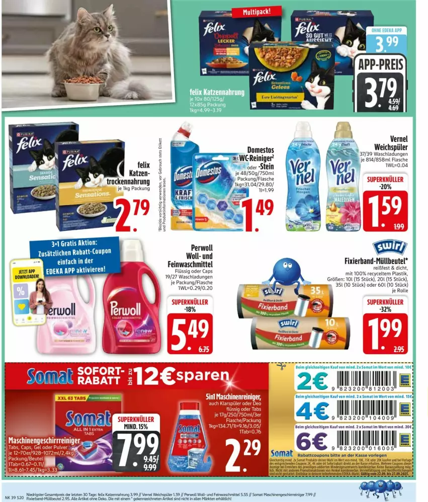Aktueller Prospekt Edeka - Prospekte - von 22.09 bis 27.09.2025 - strona 22 - produkty: asti, beco, beutel, Cap, cin, coupon, deka, domestos, feinwaschmittel, flasche, LG, müllbeutel, perwoll, rabatt-coupon, reiniger, somat, Ti, Trockennahrung, waschmittel, weichspüler