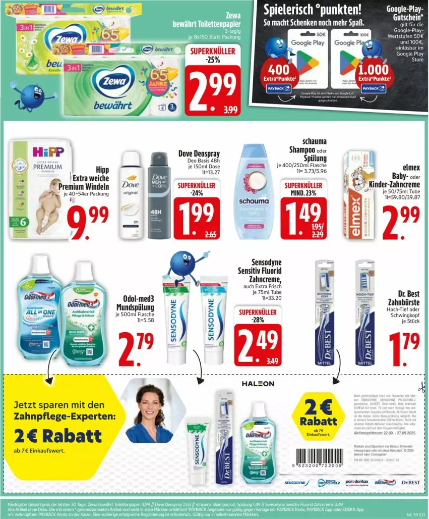 Aktueller Prospekt Edeka - Prospekte - von 22.09 bis 27.09.2025 - strona 23 - produkty: bürste, creme, deo, deospray, dove, Dr. Best, elmex, flasche, google play, hipp, mac, mundspülung, Odol, schauma, sensodyne, shampoo, spülung, Ti, windeln, zahnbürste, zahncreme