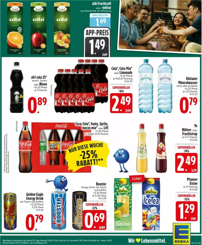 Aktueller Prospekt Edeka - Prospekte - von 22.09 bis 27.09.2025 - strona 25 - produkty: Afri Cola, Alwa, auer, Blüte, coca-cola, cola, drink, eis, eistee, energy drink, fanta, flasche, frucht, lebensmittel, limo, limonade, Mezzo Mix, mineralwasser, pfanne, Pfanner, sirup, sprite, tee, vöslauer, wasser, Yo