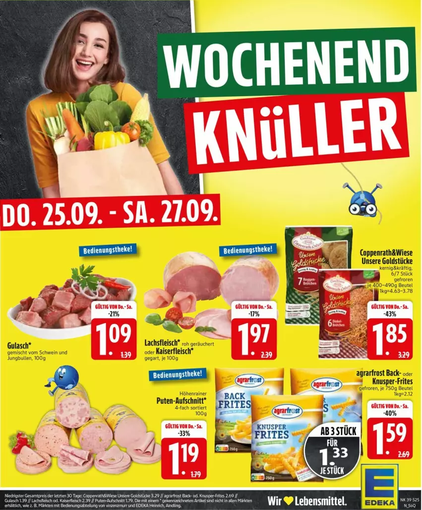 Aktueller Prospekt Edeka - Prospekte - von 22.09 bis 27.09.2025 - strona 27 - produkty: agrarfrost, aufschnitt, beutel, coppenrath, eis, fleisch, Goldstücke, gulasch, jungbullen, Kaiser, lachs, pute, schwein, Ti, wein