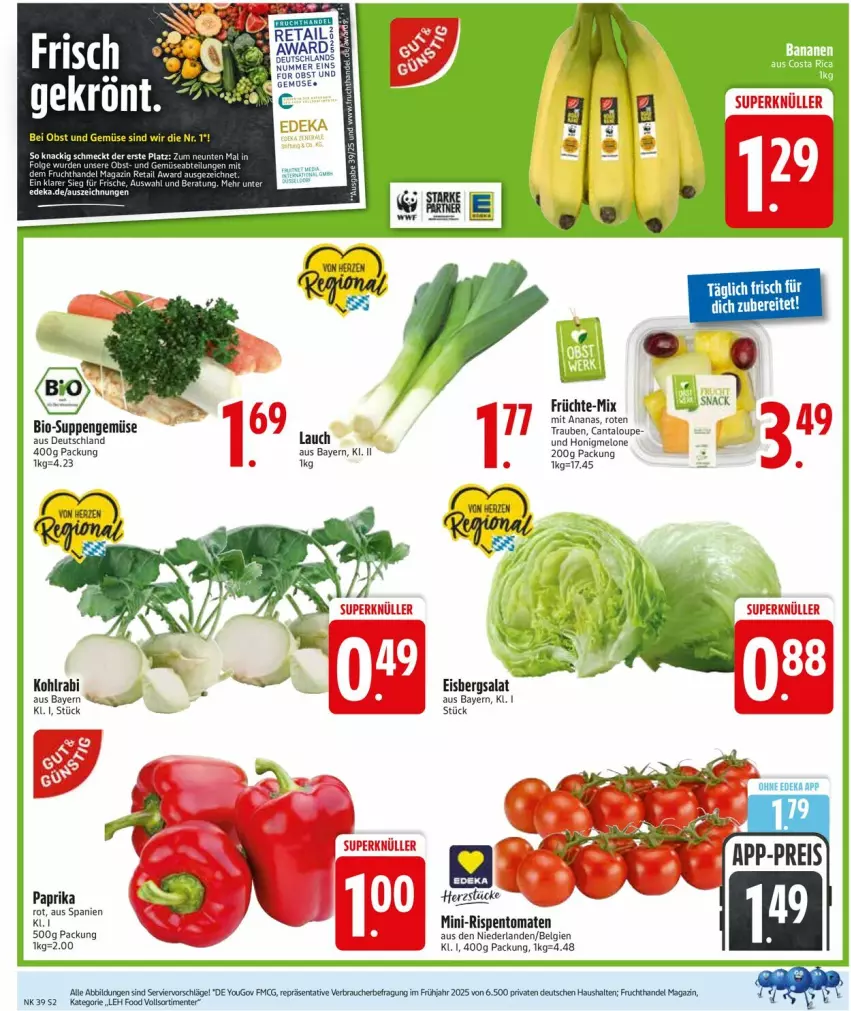 Aktueller Prospekt Edeka - Prospekte - von 22.09 bis 27.09.2025 - strona 4 - produkty: bio, eis, eisbergsalat, ente, frucht, früchte, honig, honigmelone, kohlrabi, LG, magazin, melone, mini-rispentomaten, paprika, rispentomaten, salat, snack, suppe, suppen, Ti, tomate, tomaten, trauben, Yo