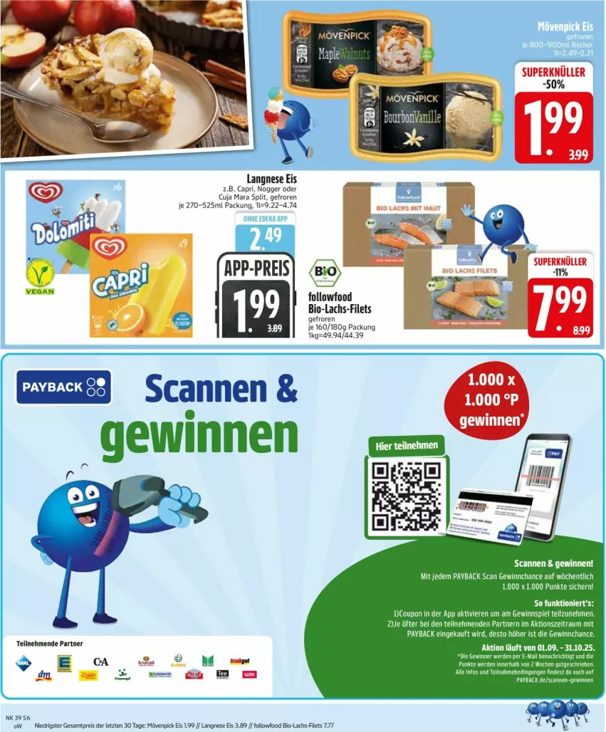 Aktueller Prospekt Edeka - Prospekte - von 22.09 bis 27.09.2025 - strona 8 - produkty: bio, Cap, deka, eis, filet, filets, lachs, langnese, langnese eis, mövenpick, mövenpick eis, nogger, payback, reis, Ti, tisch, ZTE