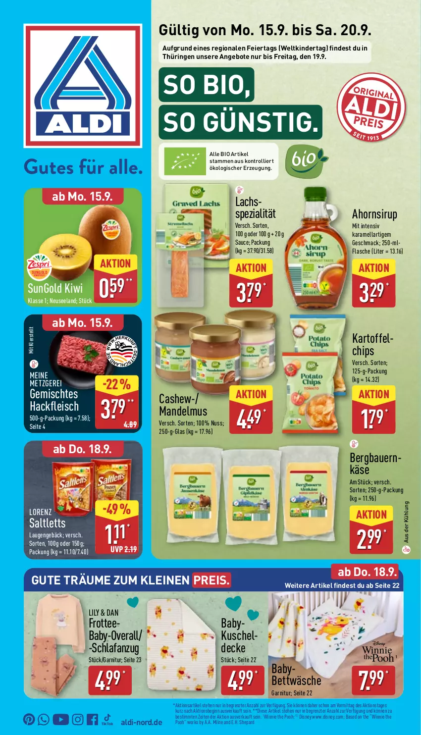 Aktueller Prospekt Aldi Nord - Von Montag - von 15.09 bis 20.09.2025 - strona 1 - produkty: aldi, angebot, angebote, Anzug, auer, Bau, Bauer, bett, bio, Cashew, chips, decke, disney, eier, eis, Elan, flasche, fleisch, garnitur, gin, hackfleisch, karamell, kartoffel, Käse, Kinder, kiwi, kiwifruit, lachs, leine, lorenz, mac, mandel, Mandelmus, nuss, Overall, reis, ring, saltletts, sauce, sirup, Spezi, tee, Ti, trolli, ZTE