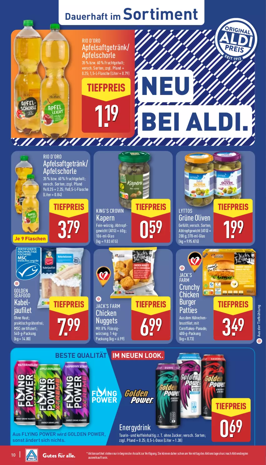 Aktueller Prospekt Aldi Nord - Von Montag - von 15.09 bis 20.09.2025 - strona 10 - produkty: aldi, apfel, apfelsaft, Apfelschorle, auer, aus der tiefkühlung, brustfilet, burger, chicken nuggets, drink, eis, filet, flakes, flasche, frucht, getränk, gin, grüne oliven, nuggets, olive, oliven, reis, saft, schorle, Ti, tiefpreis, tisch, ZTE, zucker