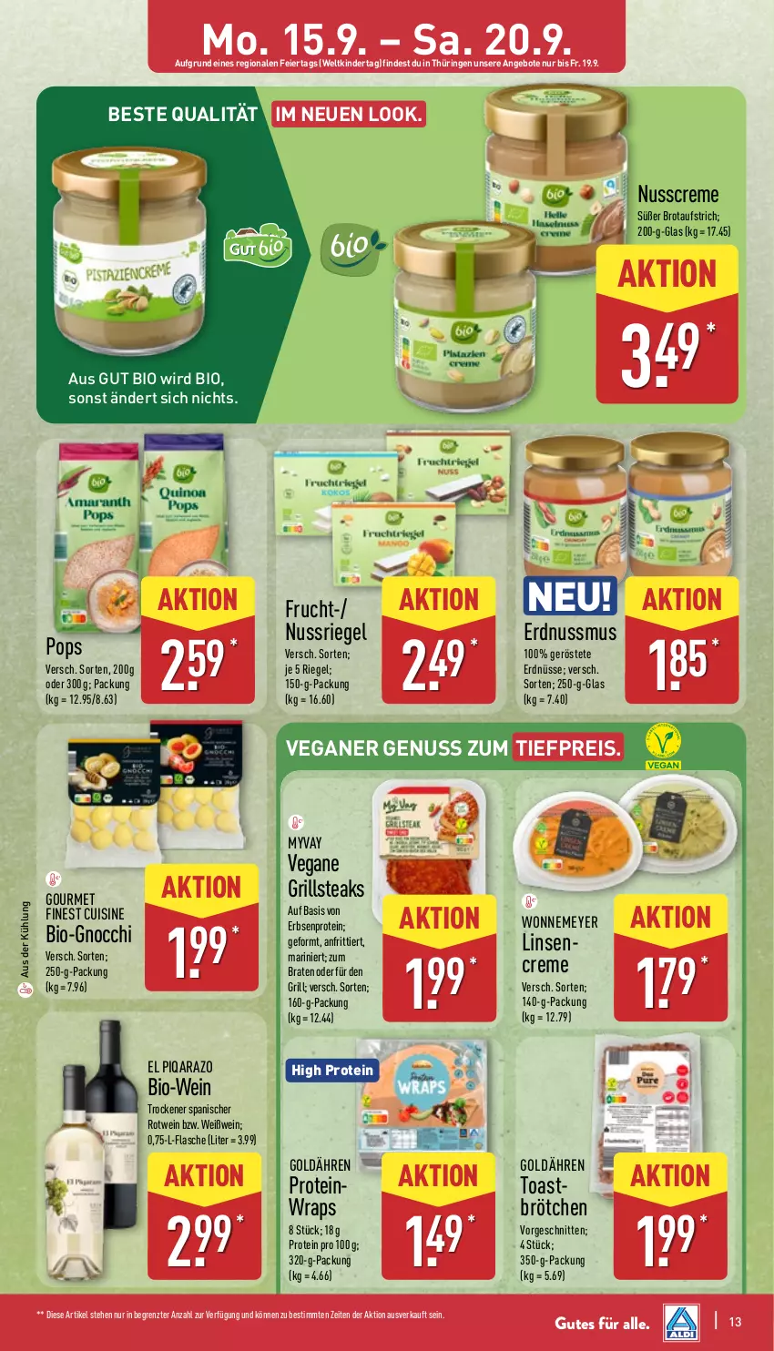 Aktueller Prospekt Aldi Nord - Von Montag - von 15.09 bis 20.09.2025 - strona 13 - produkty: angebot, angebote, aufstrich, bio, Bio-Wein, braten, brot, brotaufstrich, brötchen, creme, eier, eis, erbsen, erdnuss, erdnüsse, flasche, frucht, gnocchi, grill, Kinder, linsen, nuss, nussriegel, reis, riegel, ring, rotwein, schnitten, steak, steaks, Ti, tiefpreis, toast, wein, Weißwein, wrap, wraps, ZTE