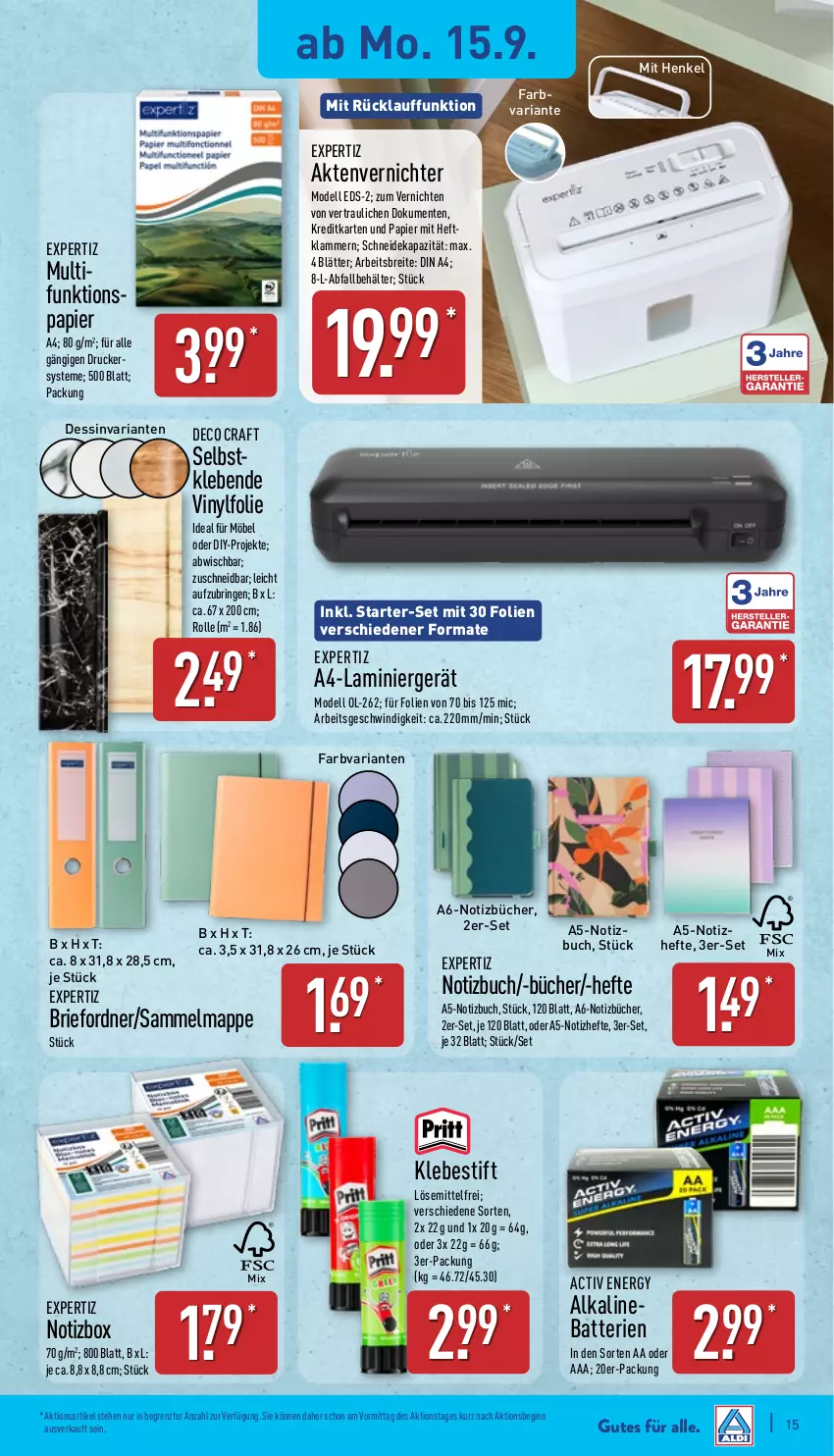 Aktueller Prospekt Aldi Nord - Von Montag - von 15.09 bis 20.09.2025 - strona 15 - produkty: Aktenvernichter, batterie, batterien, Behälter, Brei, brie, buch, deka, dell, din a4, drucker, ente, expertiz, gin, Hefte, henkel, Klammern, lamm, möbel, Mode, ordner, papier, Ria, ring, Ti, ZTE