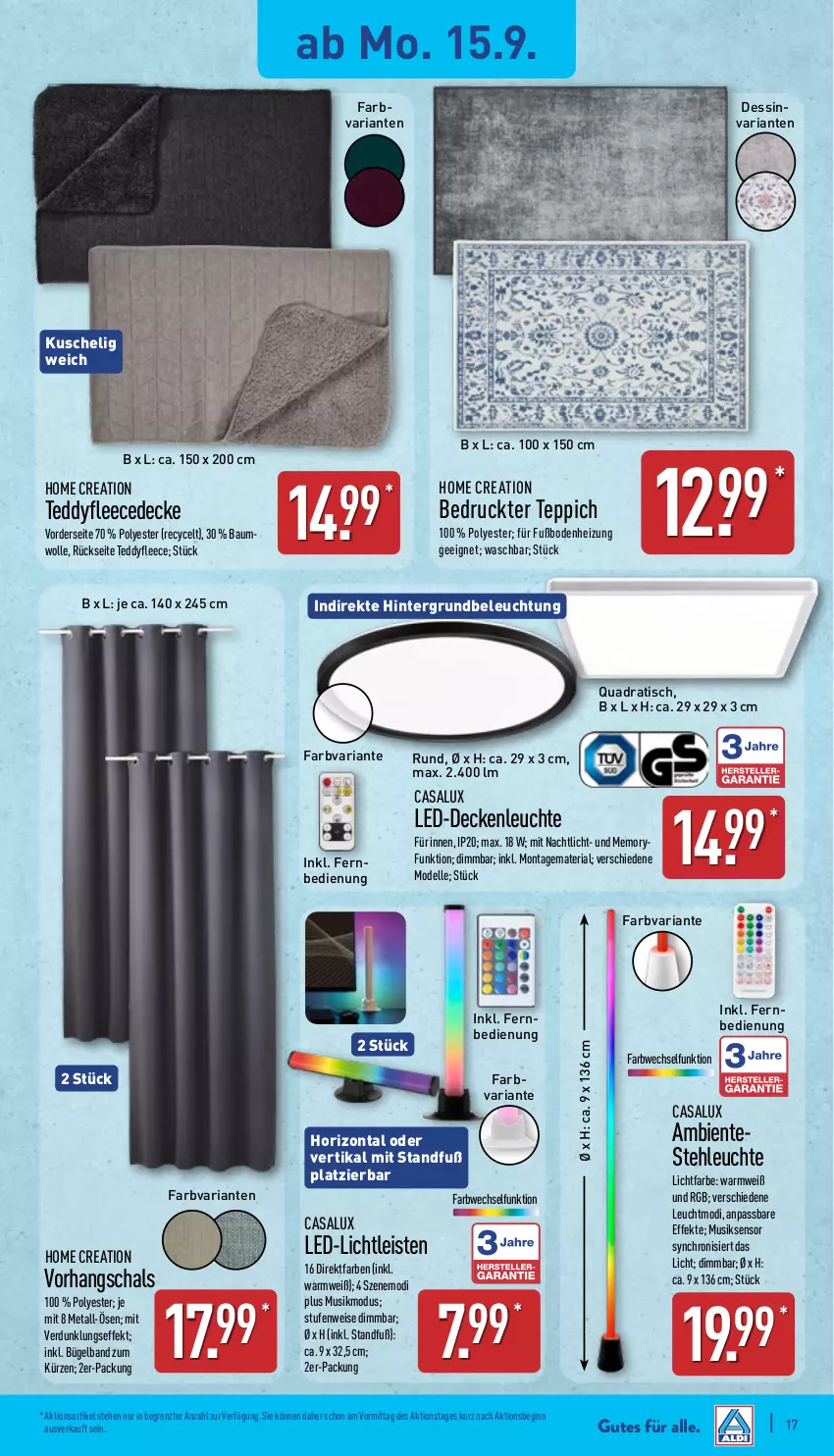 Aktueller Prospekt Aldi Nord - Von Montag - von 15.09 bis 20.09.2025 - strona 17 - produkty: Bau, beleuchtung, bügel, decke, deckenleuchte, dell, eis, elle, ente, fernbedienung, fleecedecke, gin, led-deckenleuchte, led-licht, Leuchte, Mode, Nachtlicht, quad, Ria, Schal, stehleuchte, teppich, Ti, tisch, wolle, ZTE