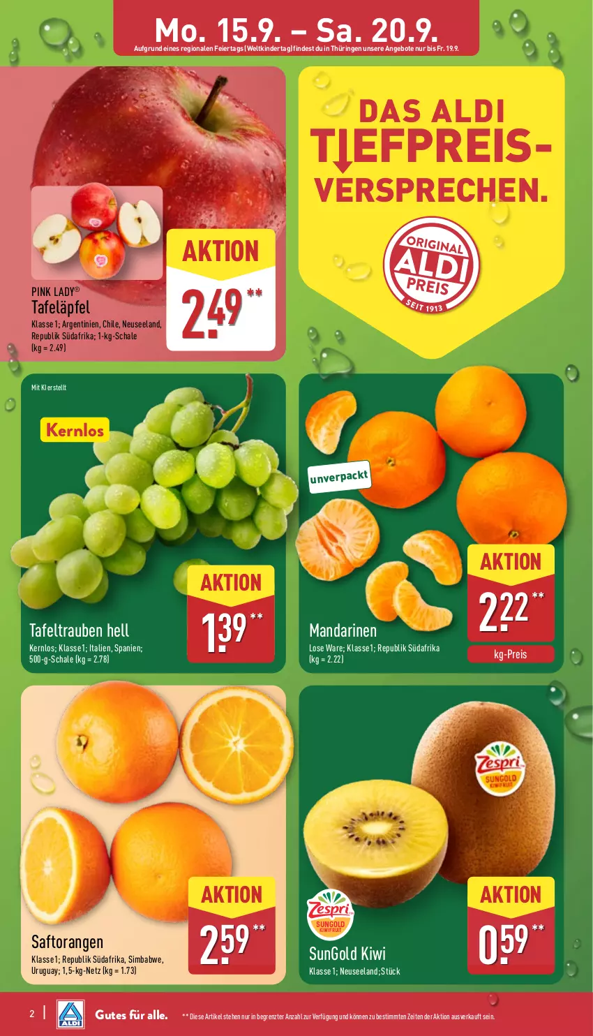Aktueller Prospekt Aldi Nord - Von Montag - von 15.09 bis 20.09.2025 - strona 2 - produkty: aldi, angebot, angebote, eier, eis, Elan, Kinder, kiwi, kiwifruit, mandarine, mandarinen, orange, orangen, Pink Lady, reis, ring, saft, Saftorangen, Schal, Schale, sim, simba, tafeläpfel, tafeltrauben, Ti, trauben, ZTE