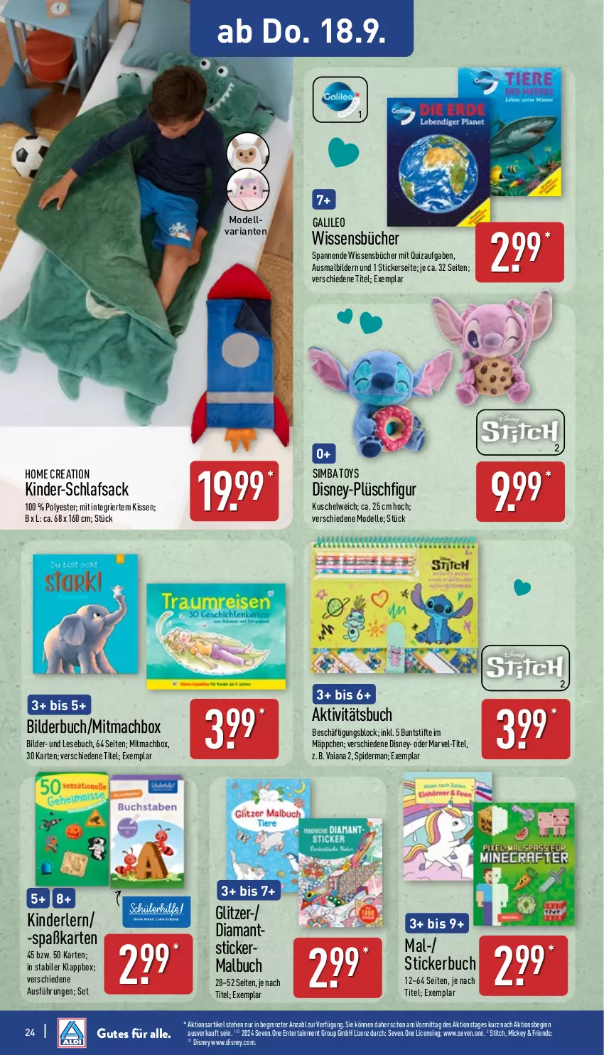 Aktueller Prospekt Aldi Nord - Von Montag - von 15.09 bis 20.09.2025 - strona 24 - produkty: buch, buntstifte, dell, disney, elle, ente, gin, Kinder, kissen, Klappbox, Kuschelweich, mac, Malbuch, Mode, Plüsch, Ria, sac, schlafsack, sim, simba, Stickerbuch, stifte, Ti, ZTE