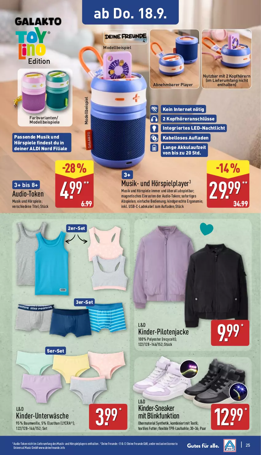 Aktueller Prospekt Aldi Nord - Von Montag - von 15.09 bis 20.09.2025 - strona 25 - produkty: akku, aldi, Bau, baumwolle, deka, dell, eis, Jacke, Kinder, kopfhörer, ladekabel, Mode, Nachtlicht, obermaterial synthetik, Ria, rum, sneaker, Spiele, Ti, tisch, usb, wolle