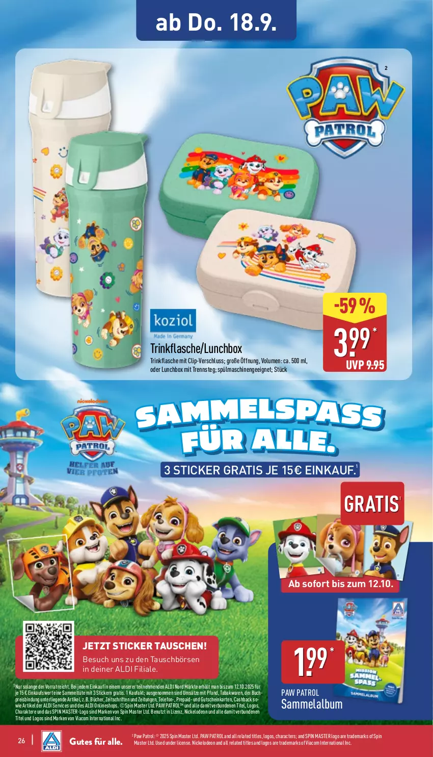 Aktueller Prospekt Aldi Nord - Von Montag - von 15.09 bis 20.09.2025 - strona 26 - produkty: aldi, buch, deo, eis, flasche, gutschein, Liege, lunchbox, Paw Patrol, reis, rel, spülmaschinen, telefon, Ti, trinkflasche, Tüte