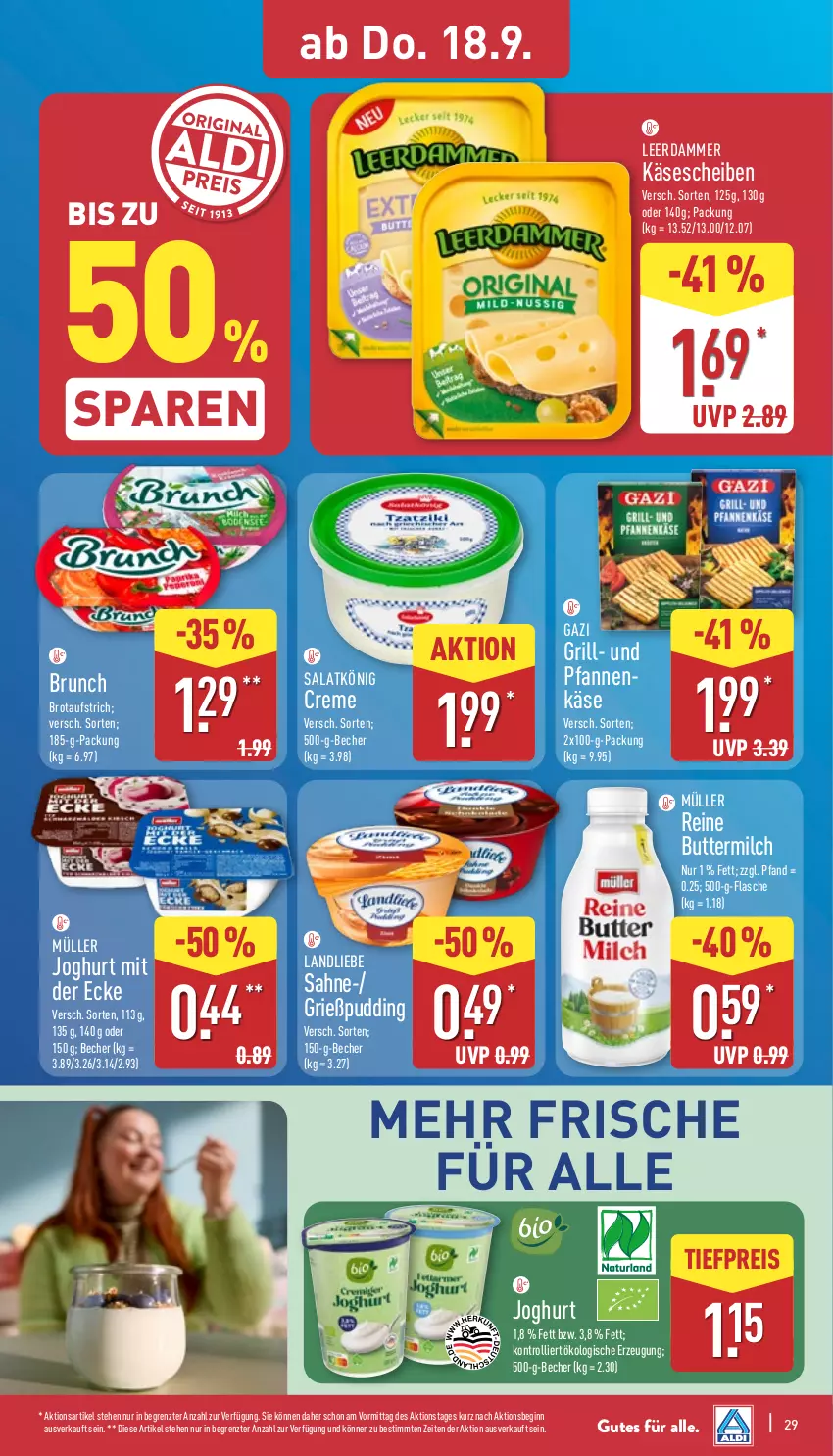 Aktueller Prospekt Aldi Nord - Von Montag - von 15.09 bis 20.09.2025 - strona 29 - produkty: aufstrich, Becher, brot, brotaufstrich, butter, buttermilch, creme, eis, flasche, gin, Grießpudding, grill, joghur, joghurt, joghurt mit der ecke, Käse, landliebe, leerdammer, milch, Müller, pfanne, pfannen, pudding, reis, sahne, salat, Ti, tiefpreis, trolli, und pfanne, ZTE