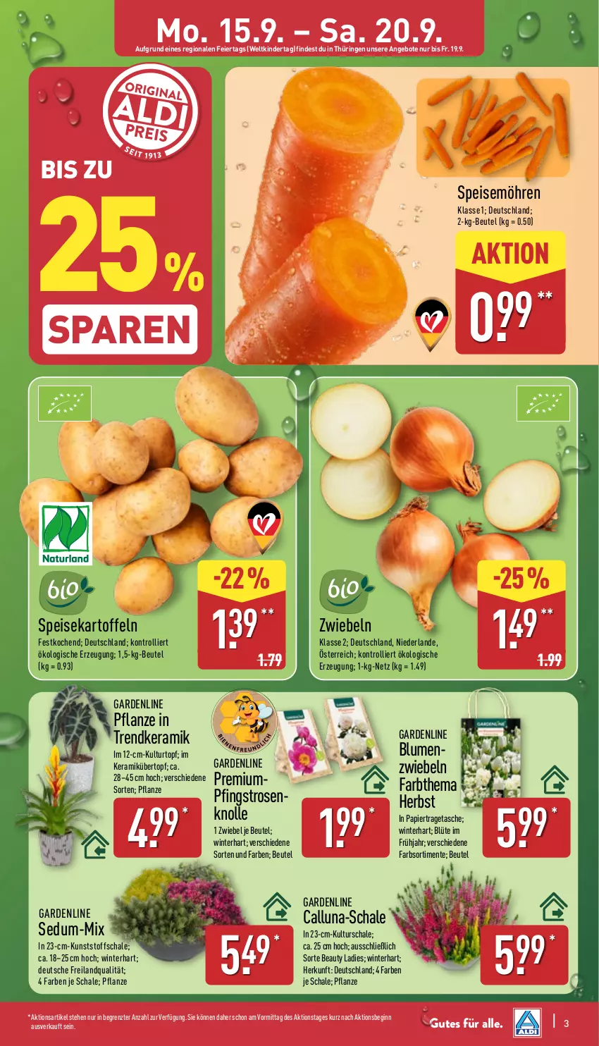Aktueller Prospekt Aldi Nord - Von Montag - von 15.09 bis 20.09.2025 - strona 3 - produkty: angebot, angebote, beutel, blume, blumen, Blüte, Brei, eier, eis, ente, gin, kartoffel, kartoffeln, Kinder, kulturtopf, möhren, ndk, papier, Pfingstrosen, pflanze, ring, rosen, Schal, Schale, speisekartoffeln, speisemöhren, Tasche, Ti, topf, tragetasche, trolli, übertopf, ZTE, zwiebel, zwiebeln