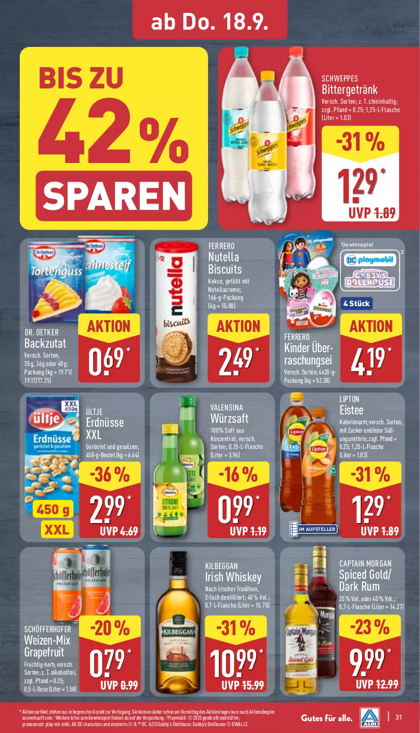 Aktueller Prospekt Aldi Nord - Von Montag - von 15.09 bis 20.09.2025 - strona 31 - produkty: alkohol, beutel, Cap, captain morgan, creme, Dr. Oetker, eis, eistee, elle, erdnüsse, ferrero, flasche, frucht, getränk, gewinnspiel, gin, grapefruit, irish whiskey, keks, kekse, kilbeggan, Kinder, lipton, nutella, playmobil, rum, saft, salz, schöfferhofer, schweppes, tee, teller, Ti, ültje, valensina, whiskey, ZTE, zucker