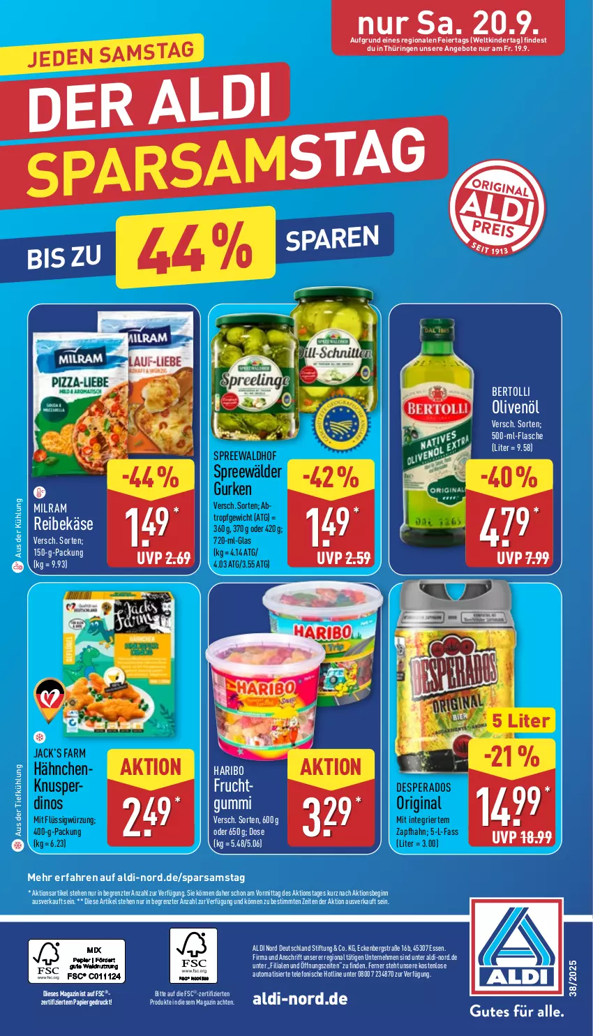 Aktueller Prospekt Aldi Nord - Von Montag - von 15.09 bis 20.09.2025 - strona 33 - produkty: aldi, angebot, angebote, aus der tiefkühlung, auto, bertolli, desperados, eier, flasche, frucht, gin, gurke, gurken, haribo, Käse, Kinder, magazin, milram, olive, oliven, olivenöl, papier, Reibekäse, ring, spreewälder, spreewaldhof, telefon, Ti, ZTE