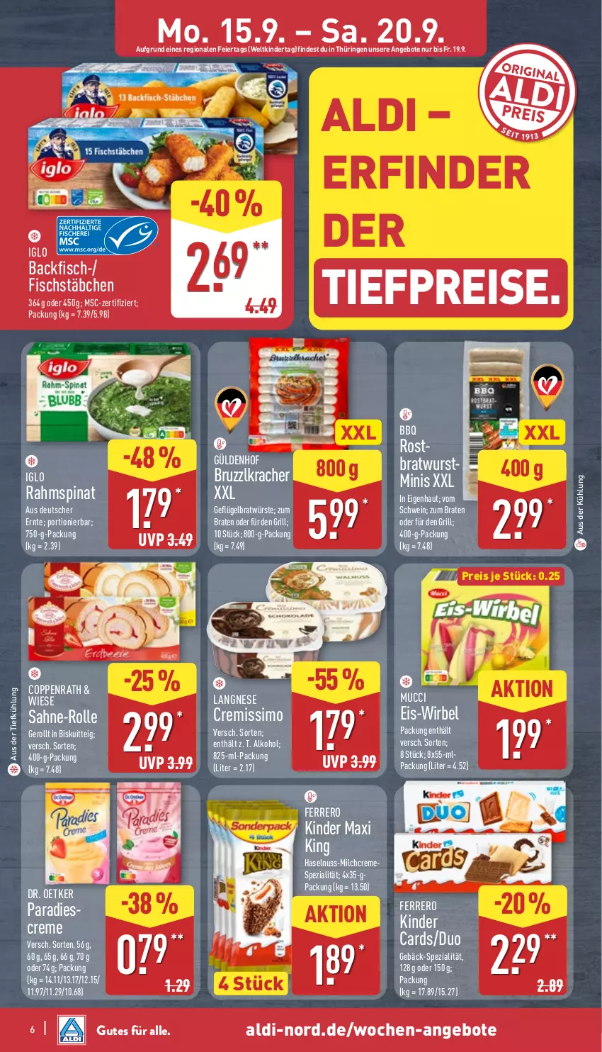 Aktueller Prospekt Aldi Nord - Von Montag - von 15.09 bis 20.09.2025 - strona 6 - produkty: aldi, alkohol, angebot, angebote, aus der tiefkühlung, backfisch, braten, bratwurst, coppenrath, creme, cremissimo, Dr. Oetker, eier, eis, ferrero, fisch, fischstäbchen, Geflügel, grill, haselnuss, iglo, Kinder, Kinder Maxi, kinder maxi king, kracher, langnese, langnese cremissimo, milch, nuss, reis, ring, sahne, schwein, sim, Spezi, spinat, Ti, tiefpreis, wein, wurst