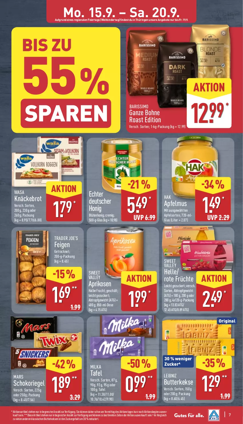 Aktueller Prospekt Aldi Nord - Von Montag - von 15.09 bis 20.09.2025 - strona 7 - produkty: angebot, angebote, apfel, apfelmus, aprikose, aprikosen, Blüte, blütenhonig, bohne, brot, butter, butterkeks, eier, elle, Feigen, frucht, früchte, gin, honig, keks, kekse, Kinder, knäckebrot, leibniz, LG, mars, milka, riegel, ring, schoko, schokoriegel, sim, Ti, wasa, ZTE, zucker