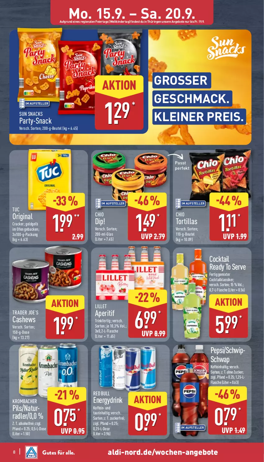 Aktueller Prospekt Aldi Nord - Von Montag - von 15.09 bis 20.09.2025 - strona 8 - produkty: aldi, alkohol, angebot, angebote, aperitif, beutel, Cashew, cocktail, cracker, dip, drink, eier, eis, elle, flasche, geback, gin, Kinder, krombache, krombacher, krombacher pils, leine, lillet, mac, natur, Ofen, pepsi, pils, radler, red bull, reis, ring, snack, snacks, Sun Snacks, teller, Ti, tortilla, tortillas, tuc, zucker