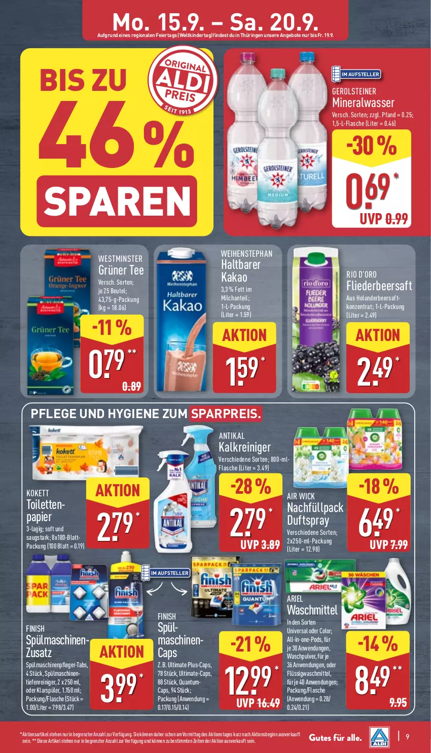 Aktueller Prospekt Aldi Nord - Von Montag - von 15.09 bis 20.09.2025 - strona 9 - produkty: Air Wick, Alwa, angebot, angebote, ariel, ariel waschmittel, beutel, Cap, Duftspray, eier, eis, elle, Finish, flasche, flieder, gerolsteine, gerolsteiner, gin, grüner tee, holunder, HP, kakao, Kalkreiniger, Kinder, klarspüler, milch, mineralwasser, papier, Pods, reiniger, reis, ring, saft, spülmaschinen, steiner, tee, teller, Ti, waschmittel, Waschpulver, wasser, weihenstephan, WICK, ZTE