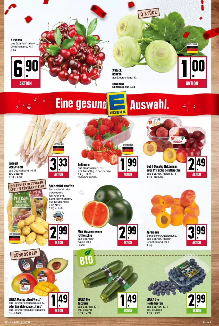 Aktueller Prospekt Kupsch - Angebote der Woche - von 07.06 bis 11.06.2022 - strona 3 - produkty: aprikose, aprikosen, avocado, beere, beeren, bio, deka, edeka bio, eis, erdbeere, erdbeeren, fleisch, Frühkartoffeln, heidelbeere, heidelbeeren, kartoffel, kartoffeln, kirsch, kirsche, kirschen, kohlrabi, mango, melone, Nektar, nektarinen, nektarinen oder, oder pfirsiche, pfirsich, pfirsiche, reis, Schal, Schale, spargel, speisefrühkartoffeln, Ti, wasser, wassermelone, zucchini