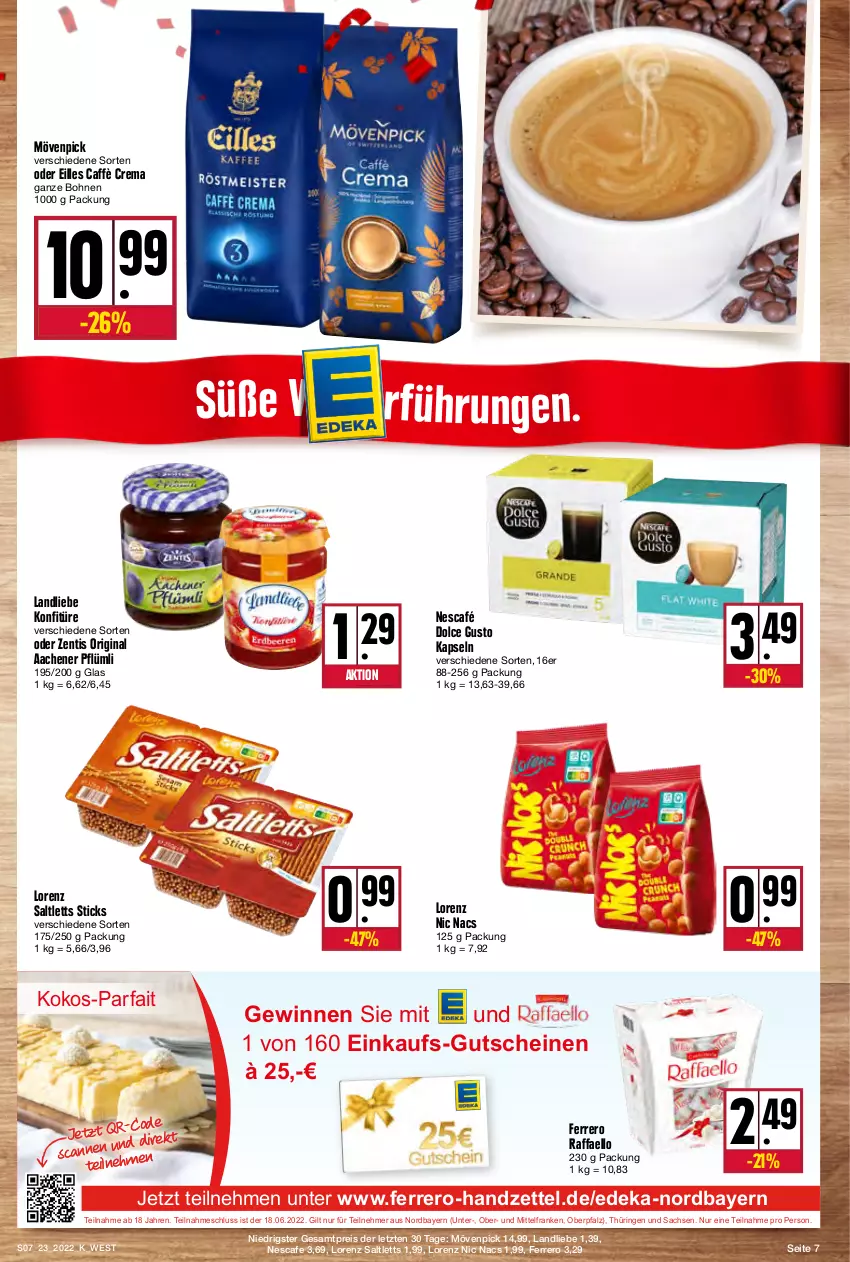 Aktueller Prospekt Kupsch - Angebote der Woche - von 07.06 bis 11.06.2022 - strona 7 - produkty: bohne, bohnen, caffè crema, deka, dolce gusto, eis, ferrero, gin, gutschein, gutscheine, kokos, konfitüre, landliebe, lorenz, mövenpick, Nescafé, nescafe, raffaello, reis, ring, sac, saltletts, Ti, zentis, ZTE