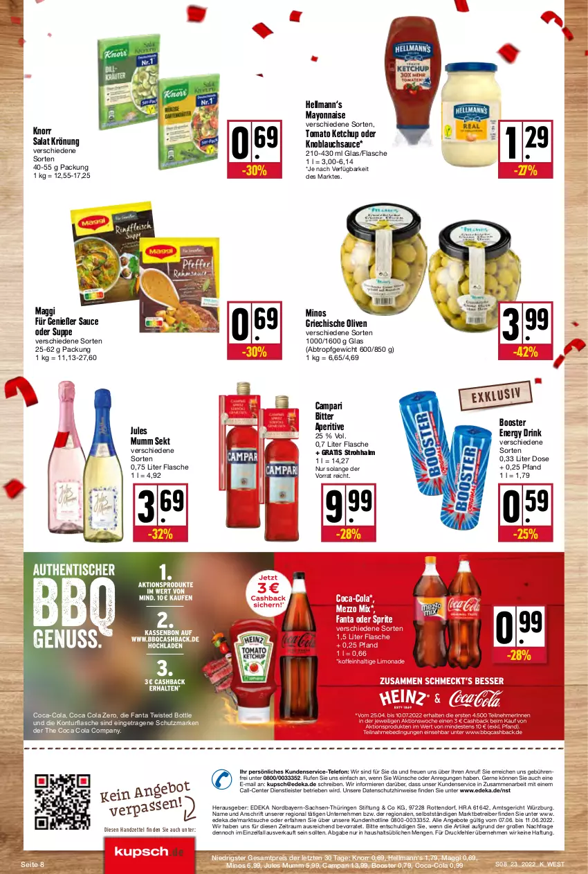 Aktueller Prospekt Kupsch - Angebote der Woche - von 07.06 bis 11.06.2022 - strona 8 - produkty: angebot, angebote, Astra, campari, coca-cola, cola, deka, drink, eis, energy drink, ente, fanta, fanta oder, fanta oder sprite, flasche, jules mumm, ketchup, knoblauch, knorr, limo, limonade, maggi, mayonnaise, Mezzo Mix, mumm, oder sprite, olive, oliven, Rauch, reis, ring, sac, salat, sauce, sekt, sprite, suppe, telefon, Ti, tomato ketchup, Yo, ZTE