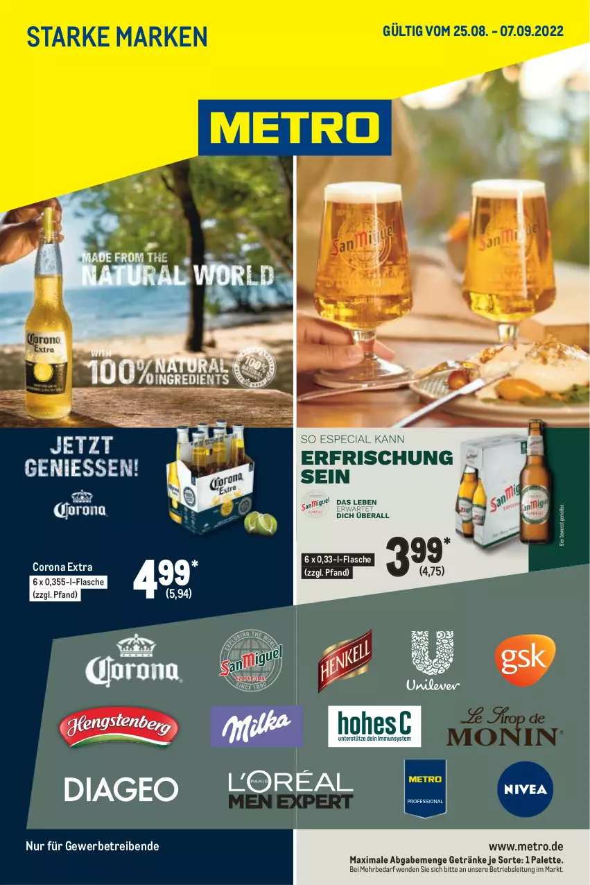 Aktueller Prospekt Metro - Starke Marken - von 25.08 bis 07.09.2022 - strona 1 - produkty: corona, corona extra, flasche, getränk, getränke, Metro, Palette, Ti