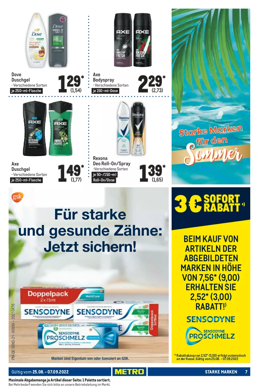 Aktueller Prospekt Metro - Starke Marken - von 25.08 bis 07.09.2022 - strona 6 - produkty: auto, axe, axe duschgel, body, bodyspray, deo, deo roll-on, dove, duschgel, flasche, LG, Palette, rexona, roll-on, Ti, tisch