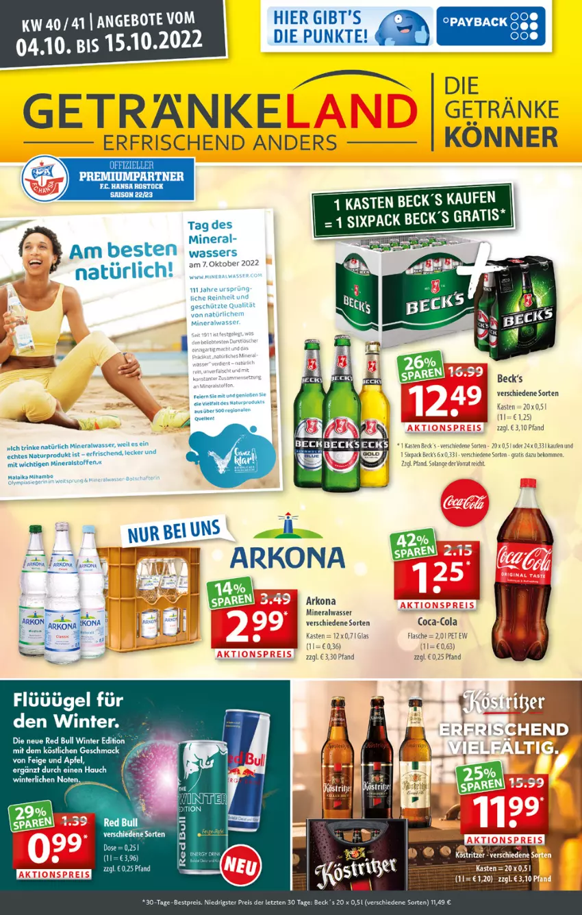 Aktueller Prospekt Getraenkeland - von 04.10 bis 15.10.2022 - strona 1 - produkty: Alwa, becks, beko, bestpreis, coca-cola, cola, eis, elle, flasche, getränk, getränke, mac, mineralwasser, natur, red bull, reis, rel, Ti, wasser, ZTE