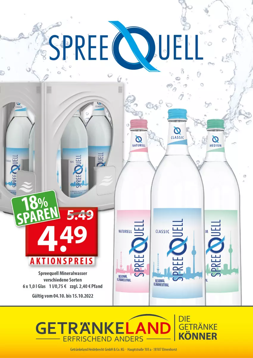 Aktueller Prospekt Getraenkeland - von 04.10 bis 15.10.2022 - strona 10 - produkty: aktionspreis, Alwa, eis, mineralwasser, natur, reis, rel, Spreequell, Ti, wasser