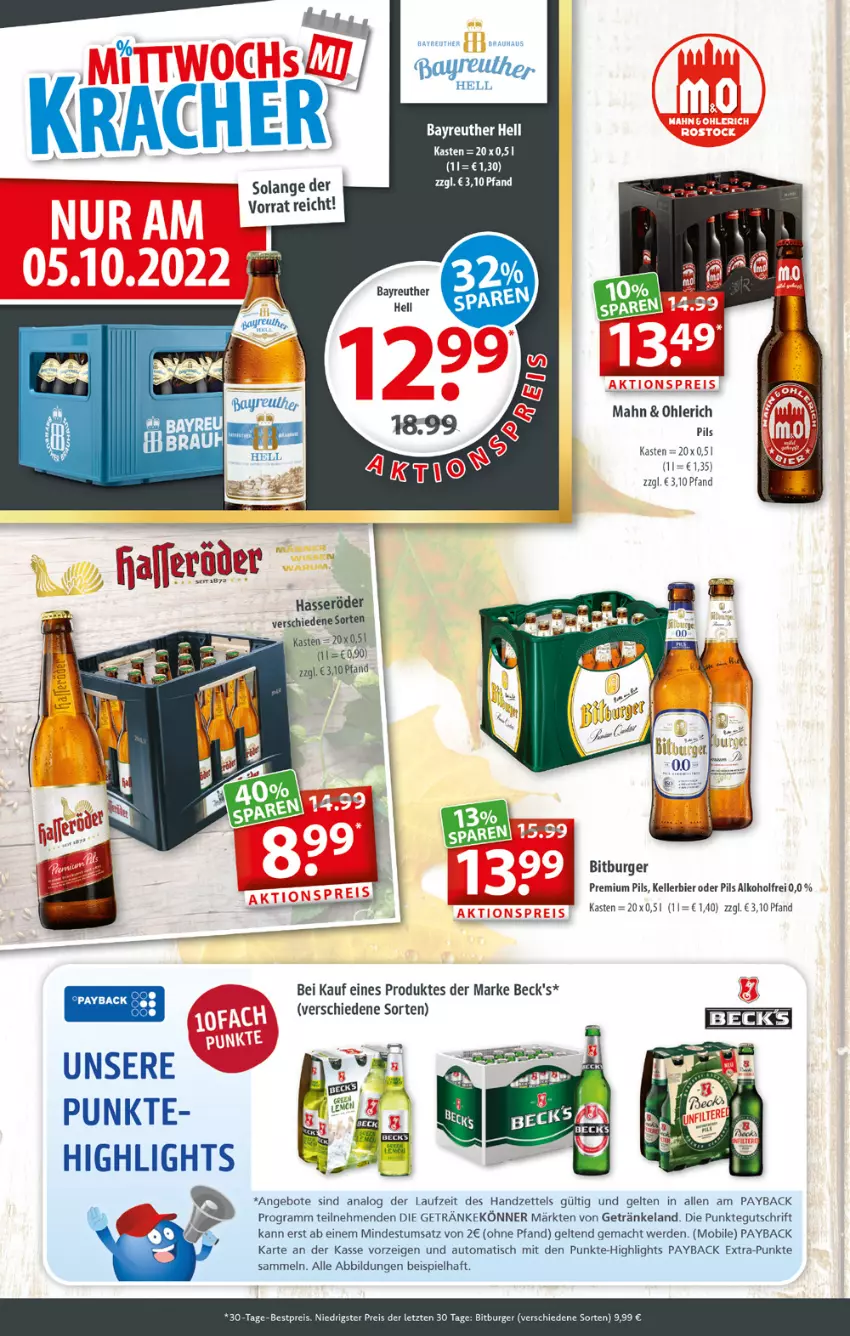 Aktueller Prospekt Getraenkeland - von 04.10 bis 15.10.2022 - strona 2 - produkty: alkohol, angebot, angebote, auto, beck's, bestpreis, bier, bitburger, burger, eis, Elan, elle, erde, getränk, getränke, hasseröder, kellerbier, mac, payback, pils, premium pils, reis, Ti, tisch, ZTE