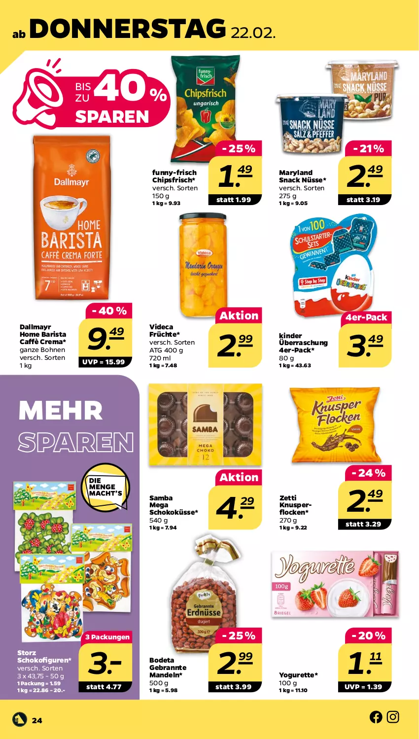 Aktueller Prospekt Netto - Woche 8 - von 19.02 bis 24.02.2024 - strona 24 - produkty: bohne, bohnen, caffè crema, chips, chipsfrisch, dallmayr, früchte, funny-frisch, Kinder, Knusperflocken, mandel, mandeln, schoko, snack, Ti, Yo, yogurette