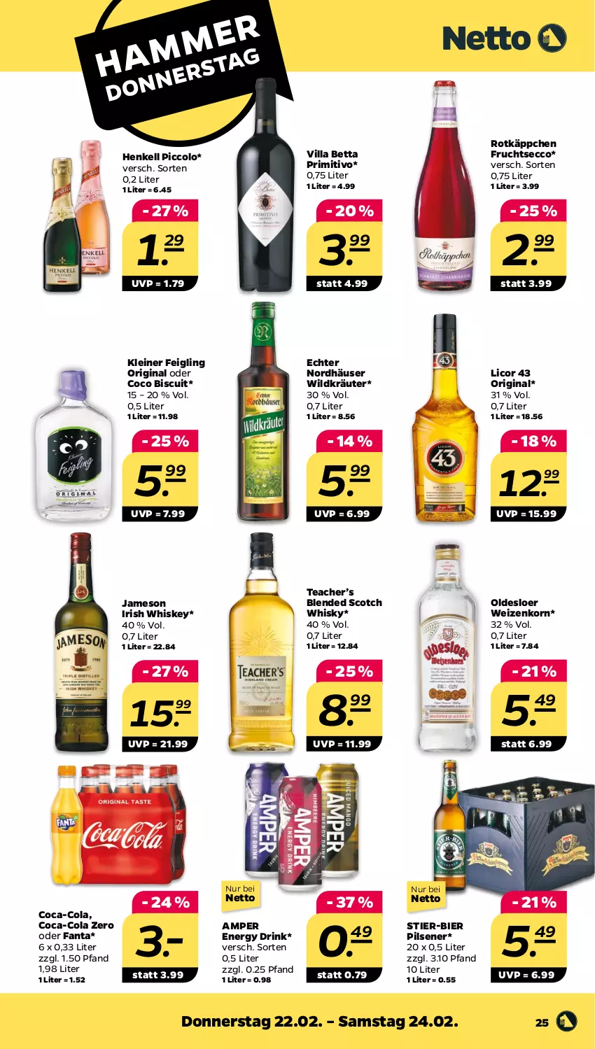 Aktueller Prospekt Netto - Woche 8 - von 19.02 bis 24.02.2024 - strona 25 - produkty: bett, bier, blended scotch, blended scotch whisky, coca-cola, cola, drink, ecco, energy drink, fanta, frucht, fruchtsecco, gin, henkel, henkell, irish whiskey, jameson, kleiner feigling, korn, kräuter, leine, licor, licor 43, oldesloer, pils, pilsener, primitivo, rotkäppchen, scotch, scotch whisky, Stier, Ti, weizenkorn, whiskey, whisky, Wild