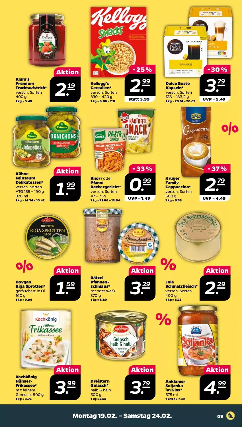 Aktueller Prospekt Netto - Woche 8 - von 19.02 bis 24.02.2024 - strona 9 - produkty: aufstrich, Becher, Cap, cappuccino, cerealien, cin, dolce gusto, dovgan, dreistern, eis, fleisch, frucht, fruchtaufstrich, gulasch, hühner, knorr, krüger, Kühne, malz, Maus, nerf, pfanne, pfannen, pfanni, reis, Schmalz, Sprotten, Ti