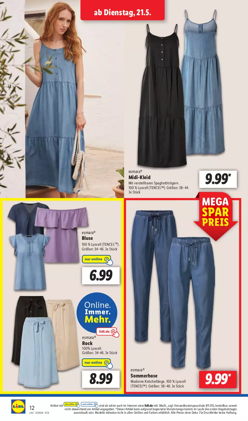 Aktueller Prospekt Lidl - Aktionsprospekt - von 21.05 bis 25.05.2024 - strona 16 - produkty: angebot, bluse, dell, eis, elle, esmara, hose, kleid, Mode, ndk, reis, Schal, Schale, spaghetti, Ti, Yo, ZTE