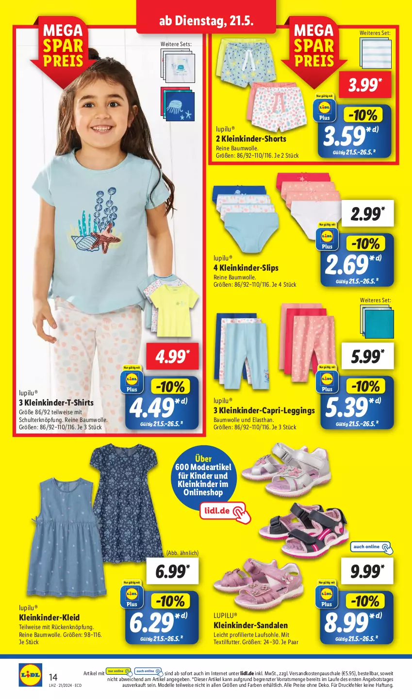 Aktueller Prospekt Lidl - Aktionsprospekt - von 21.05 bis 25.05.2024 - strona 18 - produkty: angebot, Bau, baumwolle, Cap, dell, eis, elle, gin, Kinder, Kinder-T-Shirt, kleid, leggings, lupilu, Mode, ndk, reine baumwolle, reis, sandale, sandalen, Schal, Schale, shirt, shirts, shorts, slip, slips, T-Shirt, Ti, wolle, ZTE