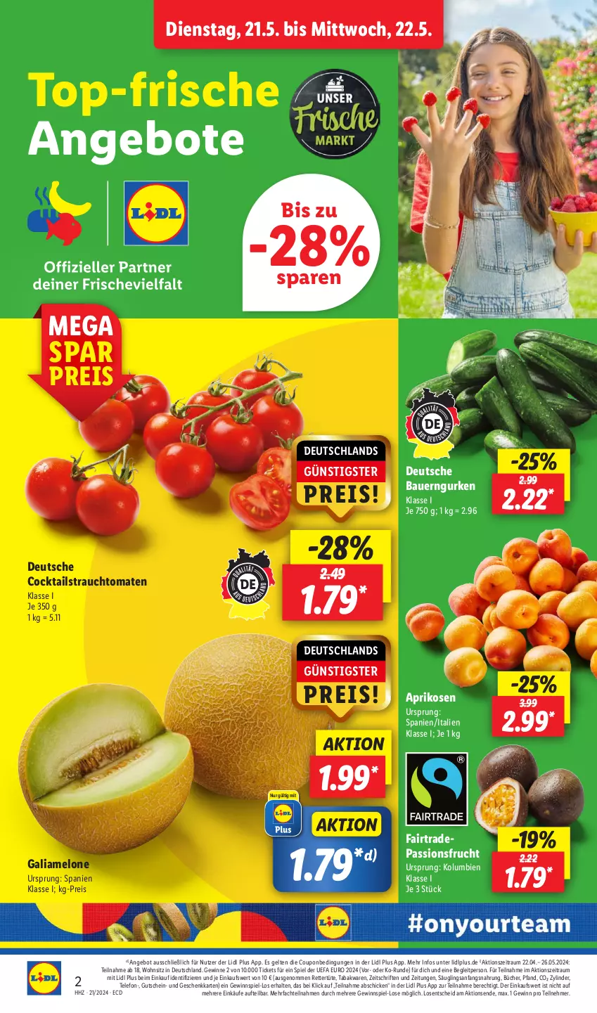 Aktueller Prospekt Lidl - Aktionsprospekt - von 21.05 bis 25.05.2024 - strona 2 - produkty: angebot, angebote, aprikose, aprikosen, auer, Bau, Bauer, cocktail, cocktails, coupon, eis, frucht, galiamelone, gewinnspiel, gurke, gurken, gutschein, melone, passionsfrucht, Rauch, reis, strauchtomaten, telefon, Ti, tomate, tomaten, Tüte