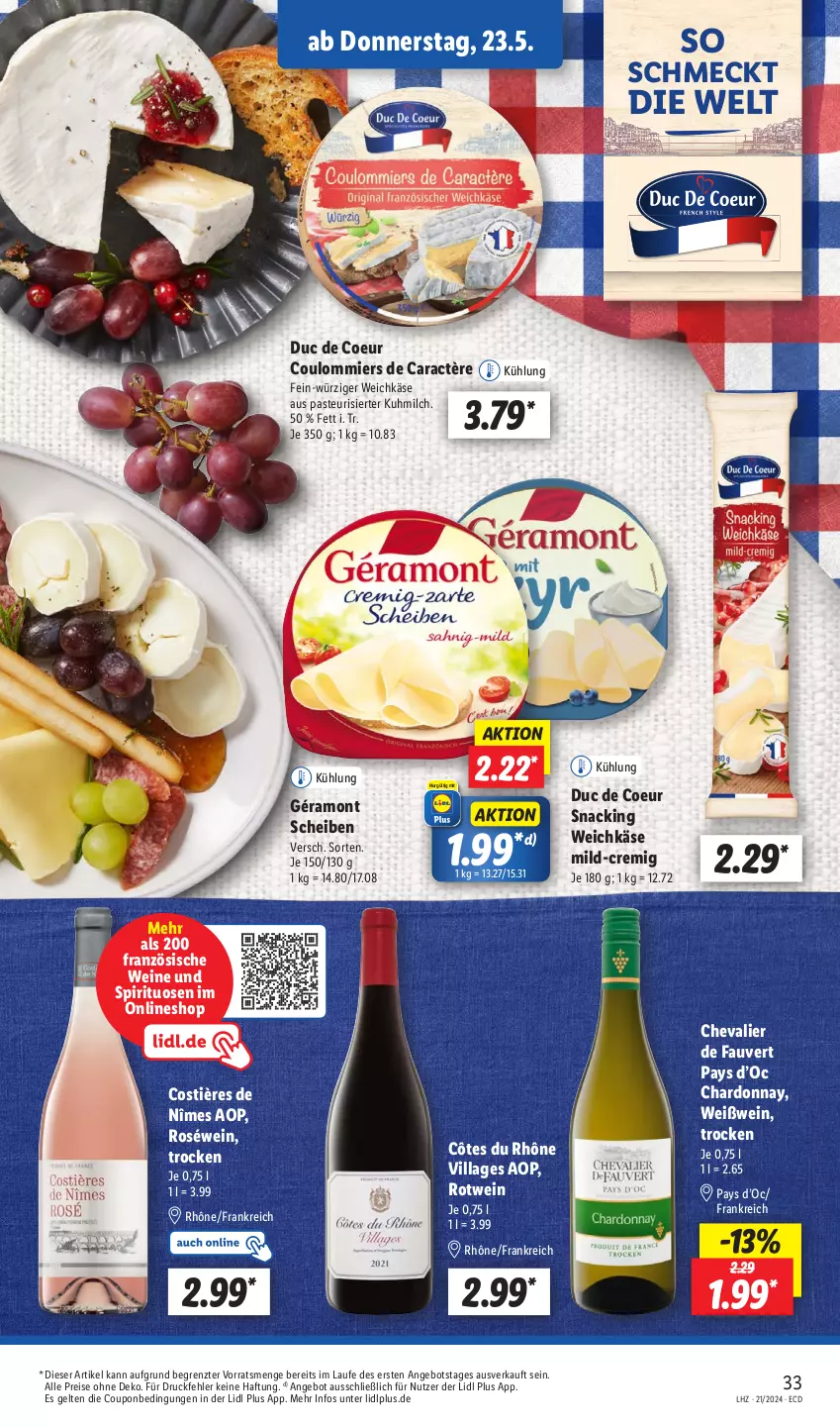 Aktueller Prospekt Lidl - Aktionsprospekt - von 21.05 bis 25.05.2024 - strona 39 - produkty: angebot, caractère, chardonnay, coupon, eis, géramont, Käse, milch, reis, roséwein, rotwein, snack, spirituosen, Ti, weichkäse, wein, weine, Weißwein, ZTE