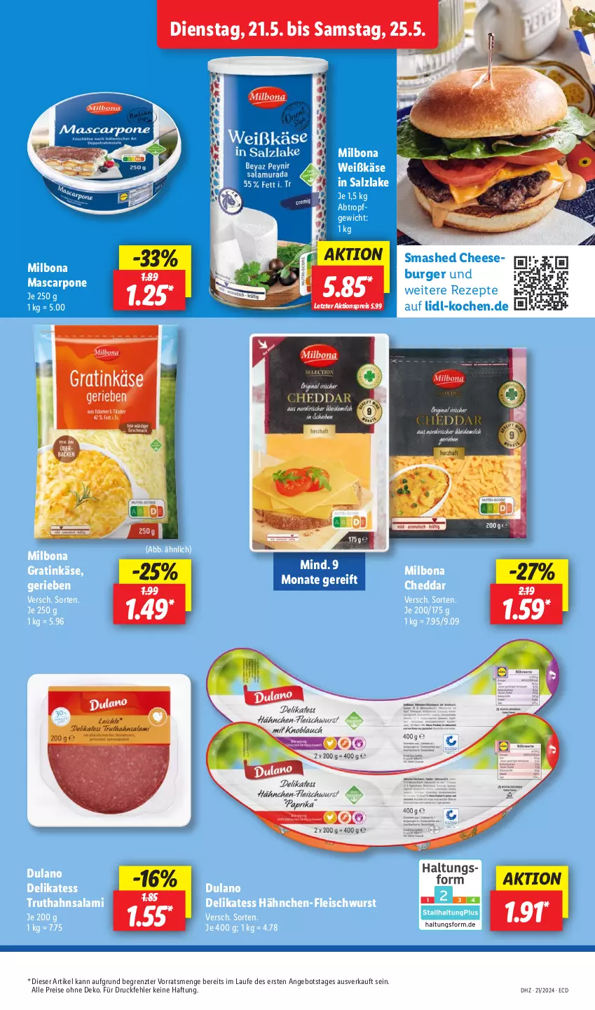 Aktueller Prospekt Lidl - Aktionsprospekt - von 21.05 bis 25.05.2024 - strona 5 - produkty: aktionspreis, angebot, Bona, burger, cheddar, dulano, eis, fleisch, fleischwurst, Käse, mascarpone, Milbona, reis, rezept, rezepte, salami, salz, Ti, truthahn, wurst, ZTE