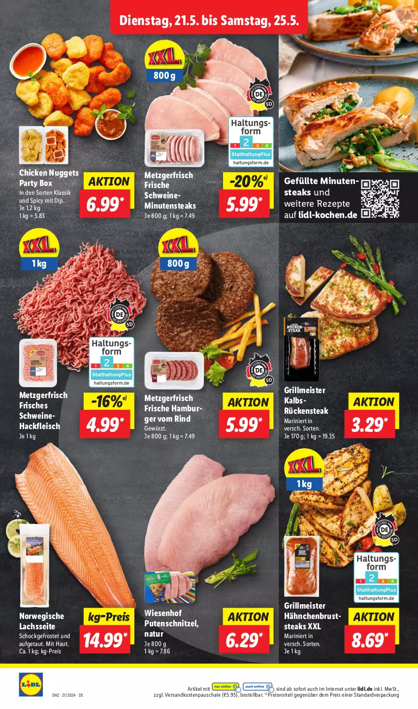 Aktueller Prospekt Lidl - Aktionsprospekt - von 21.05 bis 25.05.2024 - strona 6 - produkty: burger, chicken nuggets, dip, eis, fleisch, gewürz, grill, hackfleisch, hähnchenbrust, hamburger, lachs, Meister, minutensteaks, natur, ndk, nuggets, preisvorteil, pute, putenschnitzel, reis, rezept, rezepte, rind, Rückensteak, rwe, Schal, Schale, schnitzel, schwein, schweine, Schweinehackfleisch, steak, steaks, Ti, wein, weine, wiesenhof