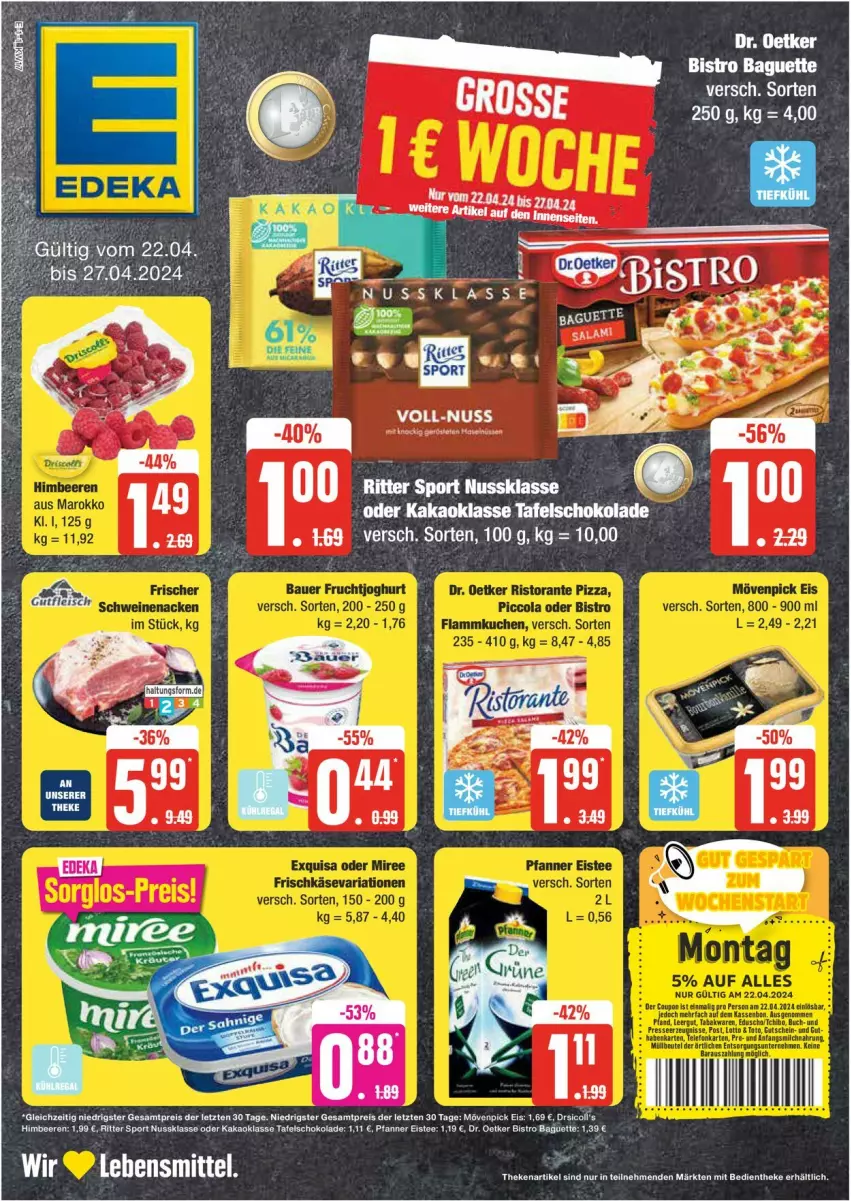 Aktueller Prospekt Edeka - Prospekte - von 22.04 bis 27.04.2024 - strona 1 - produkty: baguette, bier, Bistro Baguette, Dr. Oetker, eier, eis, eistee, kakao, mövenpick, mövenpick eis, nuss, pfanne, Pfanner, ritter, ritter sport, schoko, schokolade, Sport, tafelschokolade, tee, Ti