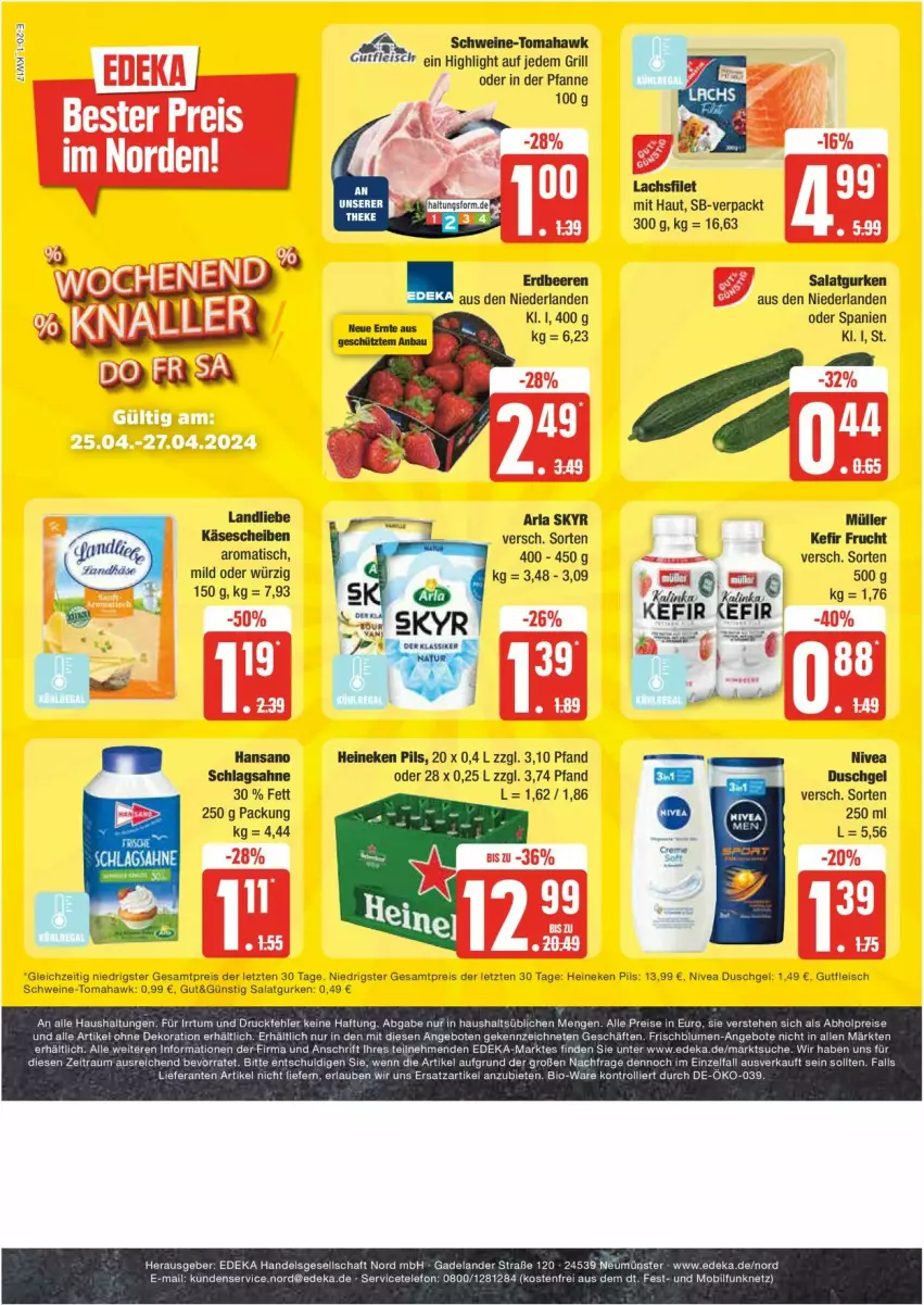 Aktueller Prospekt Edeka - Prospekte - von 22.04 bis 27.04.2024 - strona 20 - produkty: alle artikel ohne dekoration, angebot, angebote, arla, arla skyr, bio, blume, blumen, creme, deka, dekoration, duschgel, eis, Elan, fleisch, frucht, grill, gurke, gurken, gutfleisch, heineken, Kefir, Müller, nivea, pfanne, pils, reis, sahne, salat, Salatgurke, salatgurken, schlagsahne, schwein, schweine, Skyr, telefon, Ti, tisch, trolli, wein, weine, ZTE