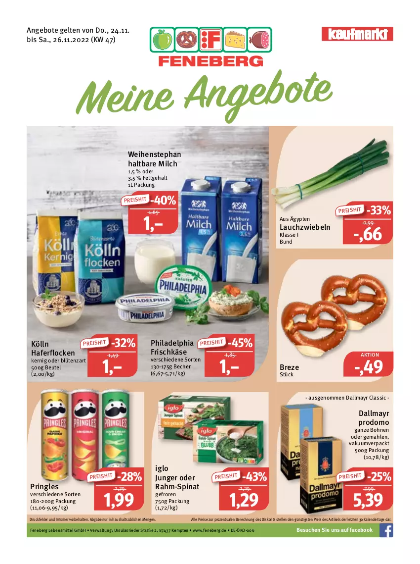 Aktueller Prospekt Feneberg - Prospekte - von 24.11 bis 26.11.2022 - strona 1 - produkty: angebot, angebote, Becher, beutel, Blüte, bohne, bohnen, dallmayr, dallmayr prodomo, eis, elle, frischkäse, hafer, haferflocken, haltbare milch, iglo, Käse, kölln, Lauchzwiebel, lauchzwiebeln, lebensmittel, milch, philadelphia, pringles, prodomo, rahm-spinat, reis, ring, spinat, Ti, weihenstephan, ZTE, zwiebel, zwiebeln