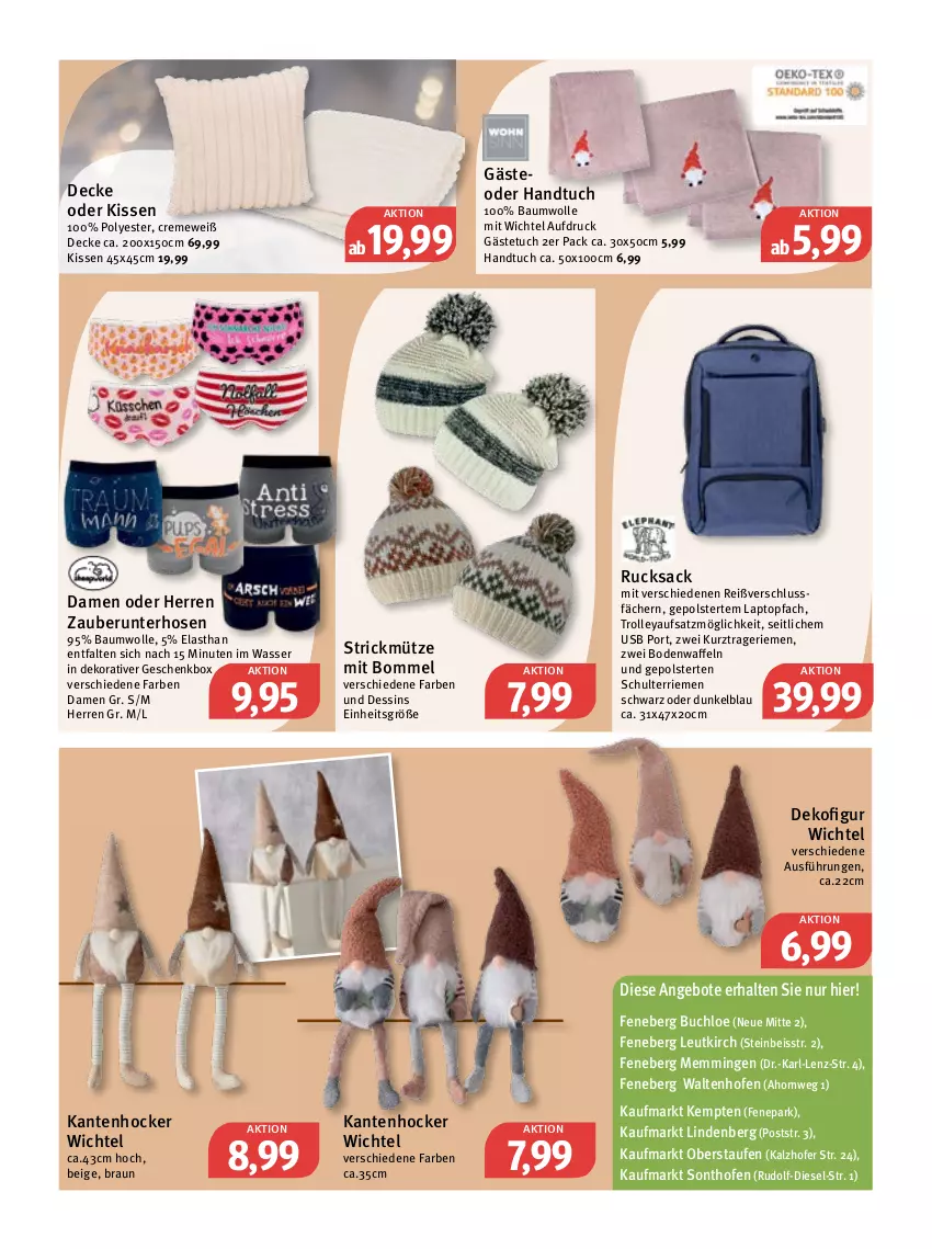 Aktueller Prospekt Feneberg - Prospekte - von 24.11 bis 26.11.2022 - strona 15 - produkty: angebot, angebote, Bau, baumwolle, braun, buch, chloe, creme, decke, Dekofigur, Diesel, eis, emmi, gästetuch, Geschenkbox, handtuch, hocker, hose, hosen, Kantenhocker, kissen, Laptop, Mütze, Ofen, rucksack, sac, Ti, topf, trolley, tuc, usb, waffeln, wasser, Wichtel, wolle